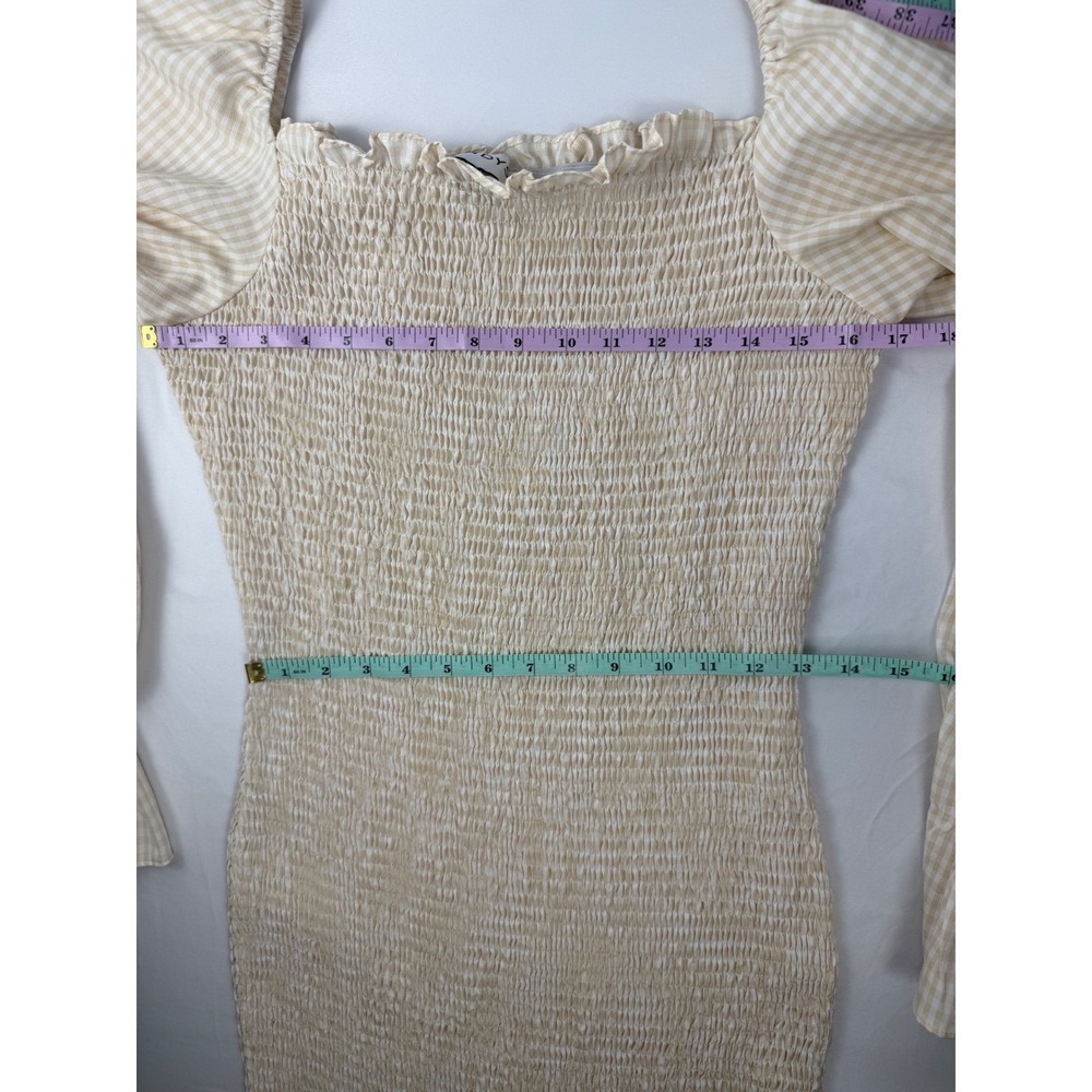 SNDYS US 10 Beige Gingham Smocked Midi Dress Cottagecore Puff Sleeve - Picture 5 of 9